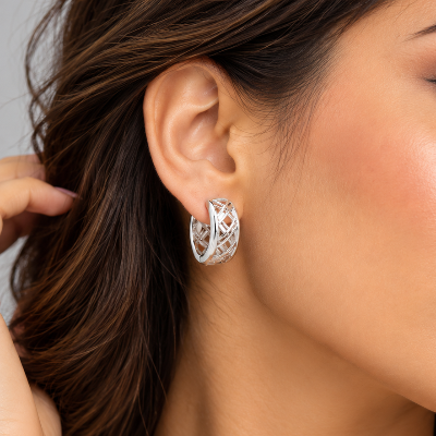 Elegant Silver Crisscross Lattice Hoop Earrings