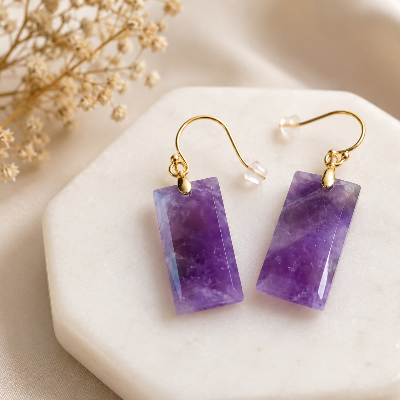 Amethyst Rectangle Dangle Earrings – Natural Purple Gemstone Drop Earrings with Gold Hooks