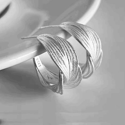 925 Sterling Silver Leaf Hoop Earrings – Brushed Satin Sculptural Statement Hoops for Women