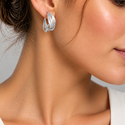 925 Sterling Silver Leaf Hoop Earrings – Brushed Satin Sculptural Statement Hoops for Women