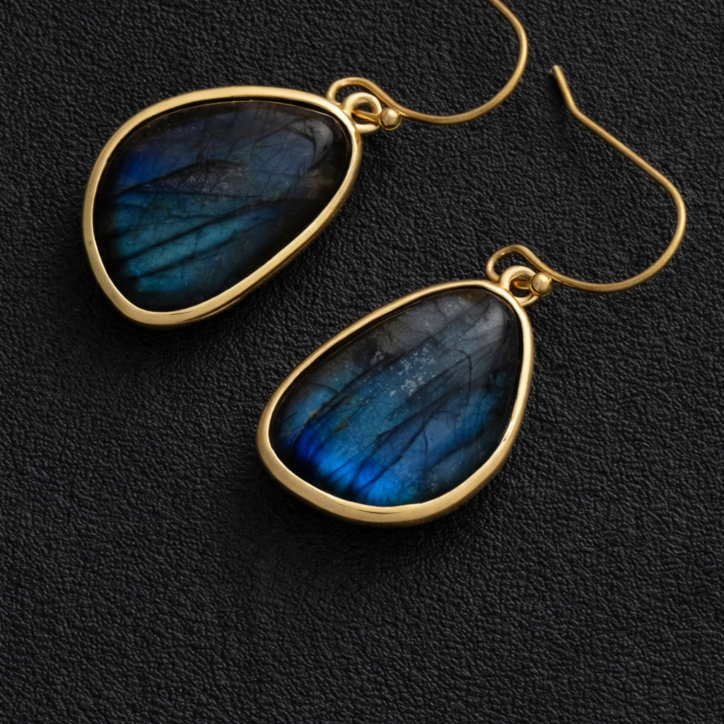 Labradorite Teardrop Earrings – Gold-Framed Blue Flash Gemstone Dangle Earrings for Women