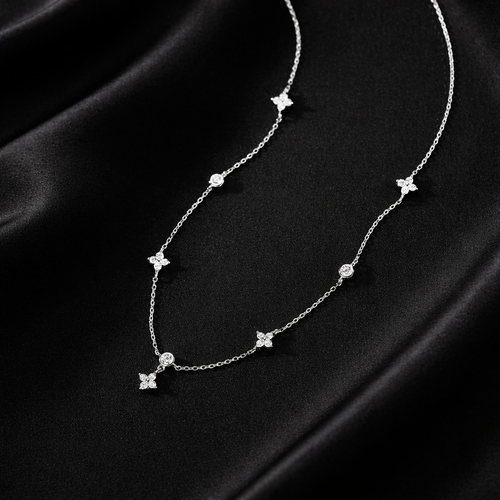 Delicate Silver Zircon Station Necklace – Elegant Crystal Clover Chain Necklace for Women